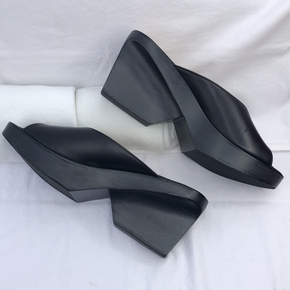 Salvatore Ferragamo Shoes - Ferragamo Wood & Leather Platform Peep Toe Slide/Mule w/3” Heel, Black